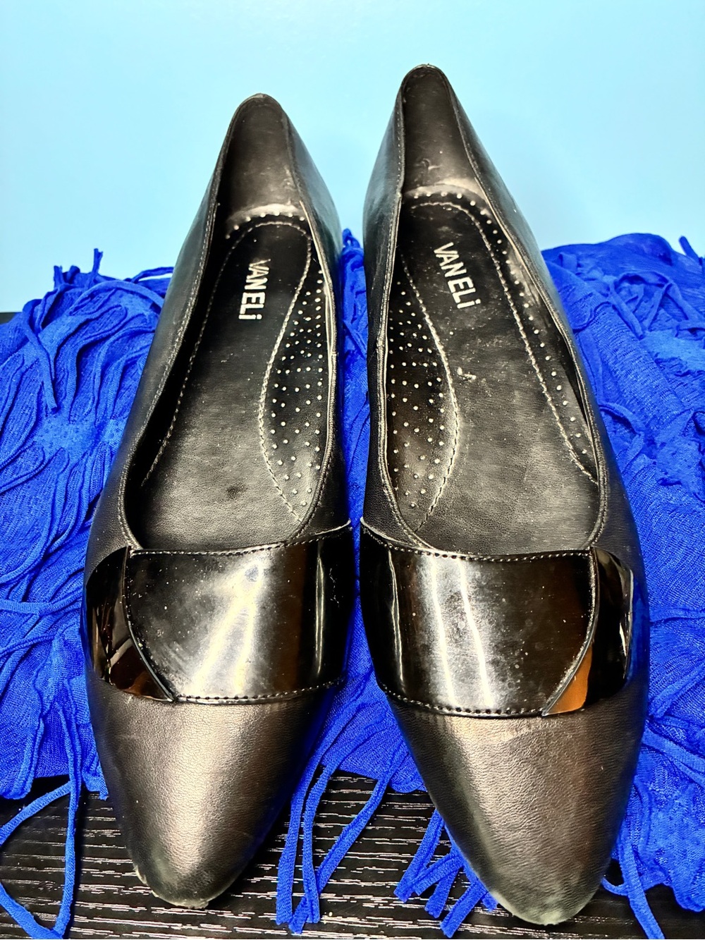 Vaneli Black Pointed-Toe Leather Flats with Gloss Accent